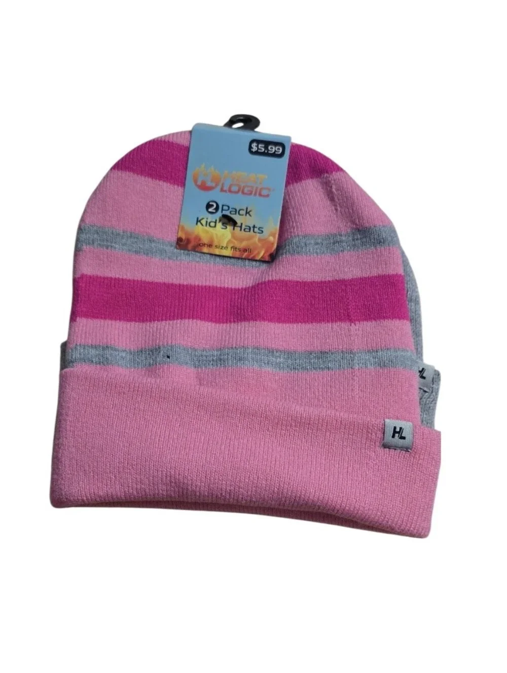 #HL05 Heat Logic Kids Pink & Grey Striped Knit Hat 2-Pack
